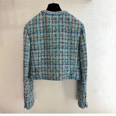 Autumn 2025 New Sle Blue een Tweed round Ne Single Button ort Quilted Jaet Women's Faion Outerwear Small Fraanc...