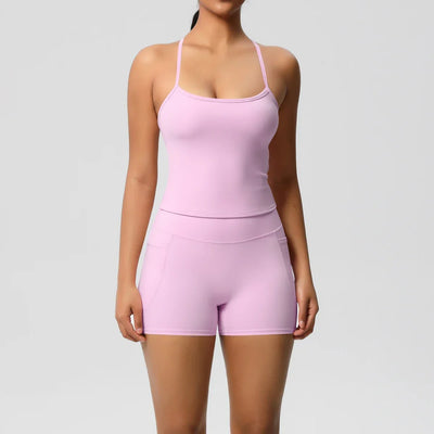 2PCS Sportswear With Pocketed Yoga Set Gym Clothes Yoga Suits For Women Tracksuits Sports Shorts Crossover Bra Gym Leggings