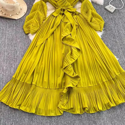 Women's V Neck Ruffles Splice Lantern Sleeve High Stretch Oversized Dresses Miyake Maxi Pleated 2025 Spring Long Party Clothing