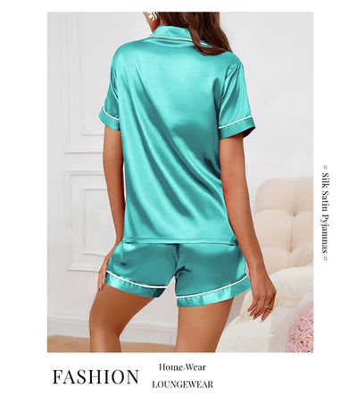 Women's Sleepwear Silk Satin Pajamas Set Button-Down Pyjama Shorts Suit Pijama Femme Loungewear Pj Sets Solid Color Home Clothes
