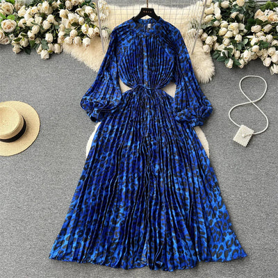 Retro Print Elegant Pleated Lantern Long Sleeve O Neck Single Breasted Dress A-line  Casual High Waist Women Summer Dresses