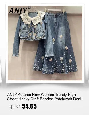ANJY Autumn New Women Chic Two-Piece Set Studded Diamonds Streetwear Denim Shirt Drawstring Straight Elegant Casual Pants  A9654