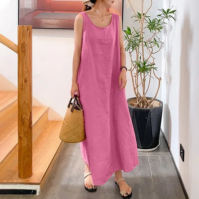 Fashion Casual Boho Dress For Women Summer Elegant Sleeveless Sundress Solid Beach Party Loose Dresses Robe Femme New Vestidos