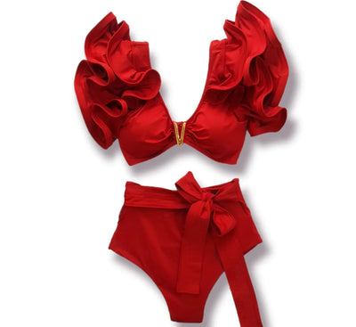 Swimwear High Waist Bikinis with Belt V Neck Shirring Swimsuit Women Ruffle Bathing Suit y2k Drawstring Beachwear