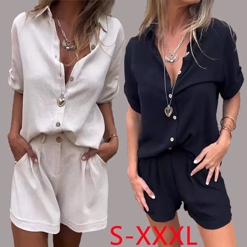 Women Casual Two Piece Outfits Short Sleeve Button Down Oversized Shirts and Drawstring Shorts Sets Summer Loungewear Streetwear