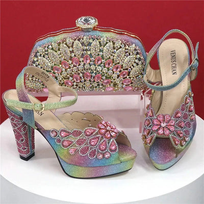 Embroidery Italian Design Pointed-Toe High-heeled Shoes and Bags Set for Women