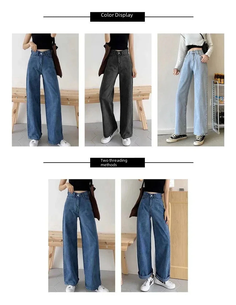 Loose Straight Cylinder Women Jeans High Waist Slimming Long Pants Trendy Cotton Fabric Comfortable Casual Style