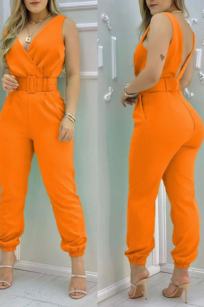Summer Women Jumpsuits Elegant Office Lady Sexy V-neck Sleeveless Print Jumpsuits New Fashion With Belt Vest Playsuit Streetwear