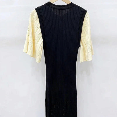 Classic Style Single Breasted Knitted Women Midi Dress O Neck Short Sleeve Hollow Out Spliced Lady Fishtail Dress