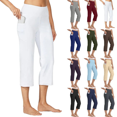 Women  Elastic High Waist 3/4 Pant Casual Active  Fit Wide Capris Leg Pants Trousers With Pockets Pants Woman брюки женские