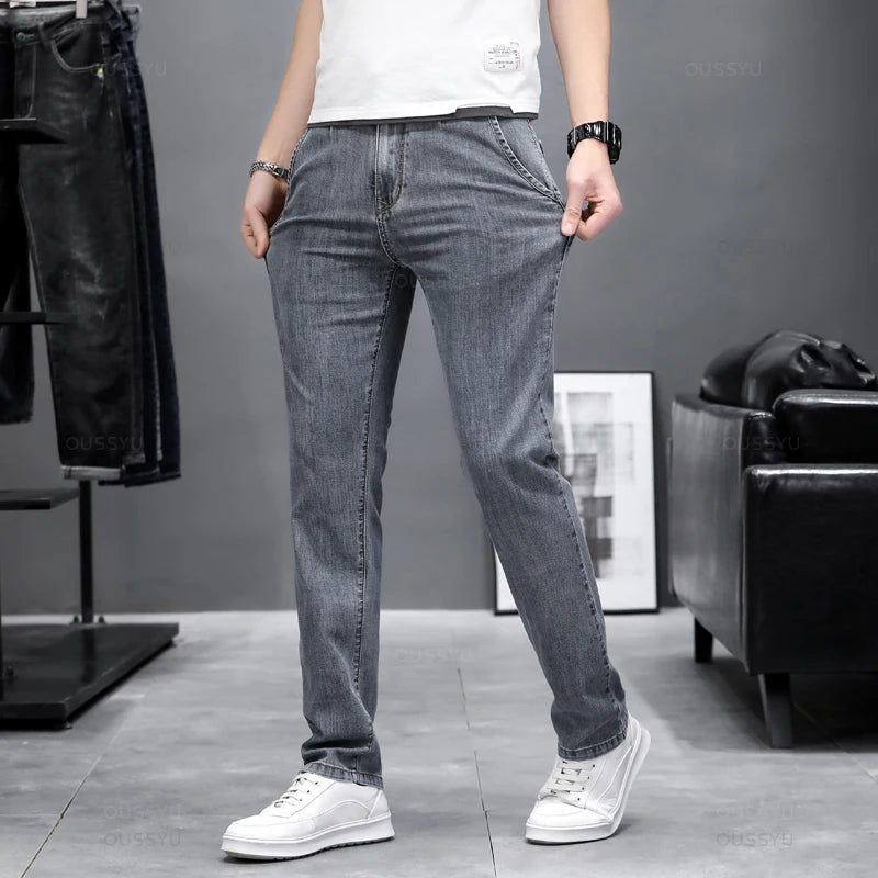 Summer Stretch Skinny Jeans Men Fashion Casual Slim Fit Denim Designer Elastic Pants Grey Brand Trousers Male Large size 38 40