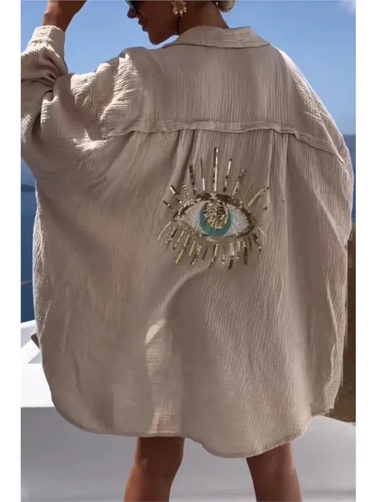 Women's Clothing 2024 Spring Summer New Fashion Eye Print Lapel Long Sleeved Cotton Linen Casual Fashion Button Up Shirt