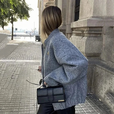 Woman's Oversized Bomber Jacket Autumn New Round Neck Long Sleeve Pocket Hidden Button Loose Jackets Coat Female Outerwear