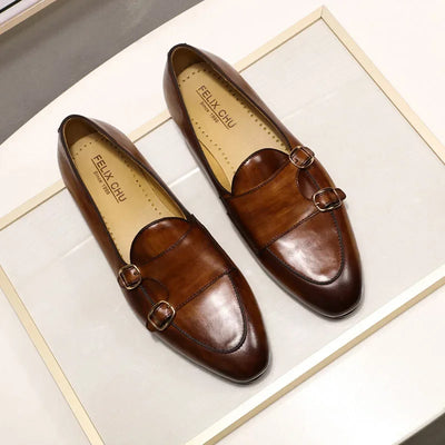 FELIX CHU Summer Autumn Men's Loafers Genuine Leather Hand Painted Monk Strap Men's Dress Shoes Wedding Party Mens Footwear