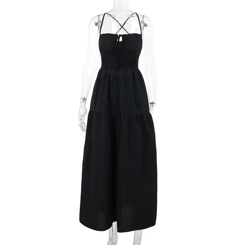BOOFEENAA Halter Backless Maxi Long Dress Sexy Vacation Outfits White Black Summer Dresses for Women Clothes 2024 C66-CH28