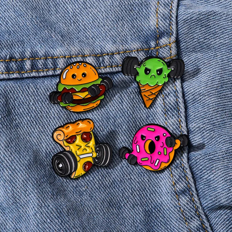 New Statement Fitness Food Man Collection Enamel Brooch Pizza Ice Cream Barbell Hamburg Donut Dumbbell Pins