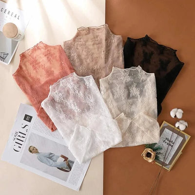 Women Mesh T-Shirts Transparent Lace Blouse Long Sleeve See Through Tops