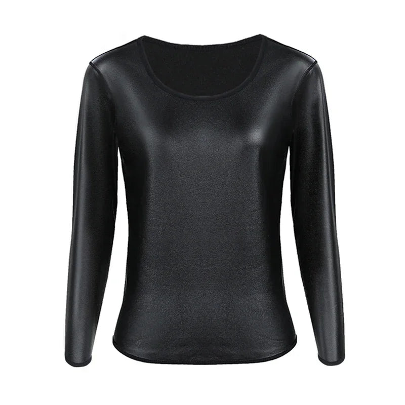 Women Stand collar Leather Long Sleeves Shirt Motorcycle Biker tops Body Shaper Waist Trainer Slim Tshirt Fashion Shapewear tops