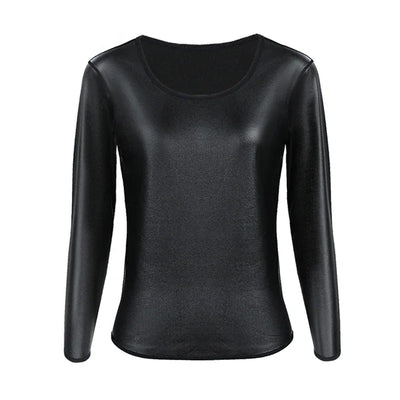 Women Stand collar Leather Long Sleeves Shirt Motorcycle Biker tops Body Shaper Waist Trainer Slim Tshirt Fashion Shapewear tops