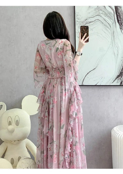 Women Sexy Off Shoulder V Neck Floral Print Dress Summer Gorgeous Flower Pink Chiffon Cascading Ruffles Evening Party Prom Robe