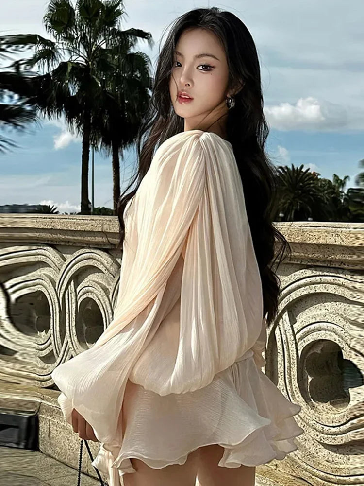 Ruffles Mini Dress Women Lace Up  V Neck Long Sleeve Pleated Female Dresses 2025 Elegant Summer Autumn Street Loose Ladies Robes