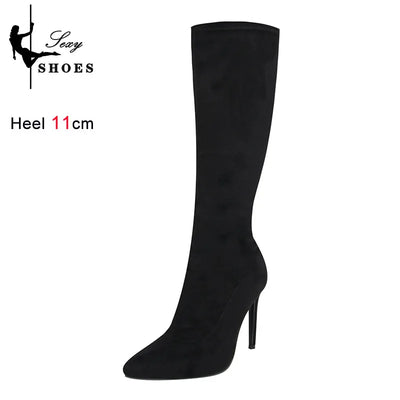 Women's Knee High Boots Black Sexy High Heels Shoes Side Zip Pointed Toe Boots Autumn Elasticity Mid Booties