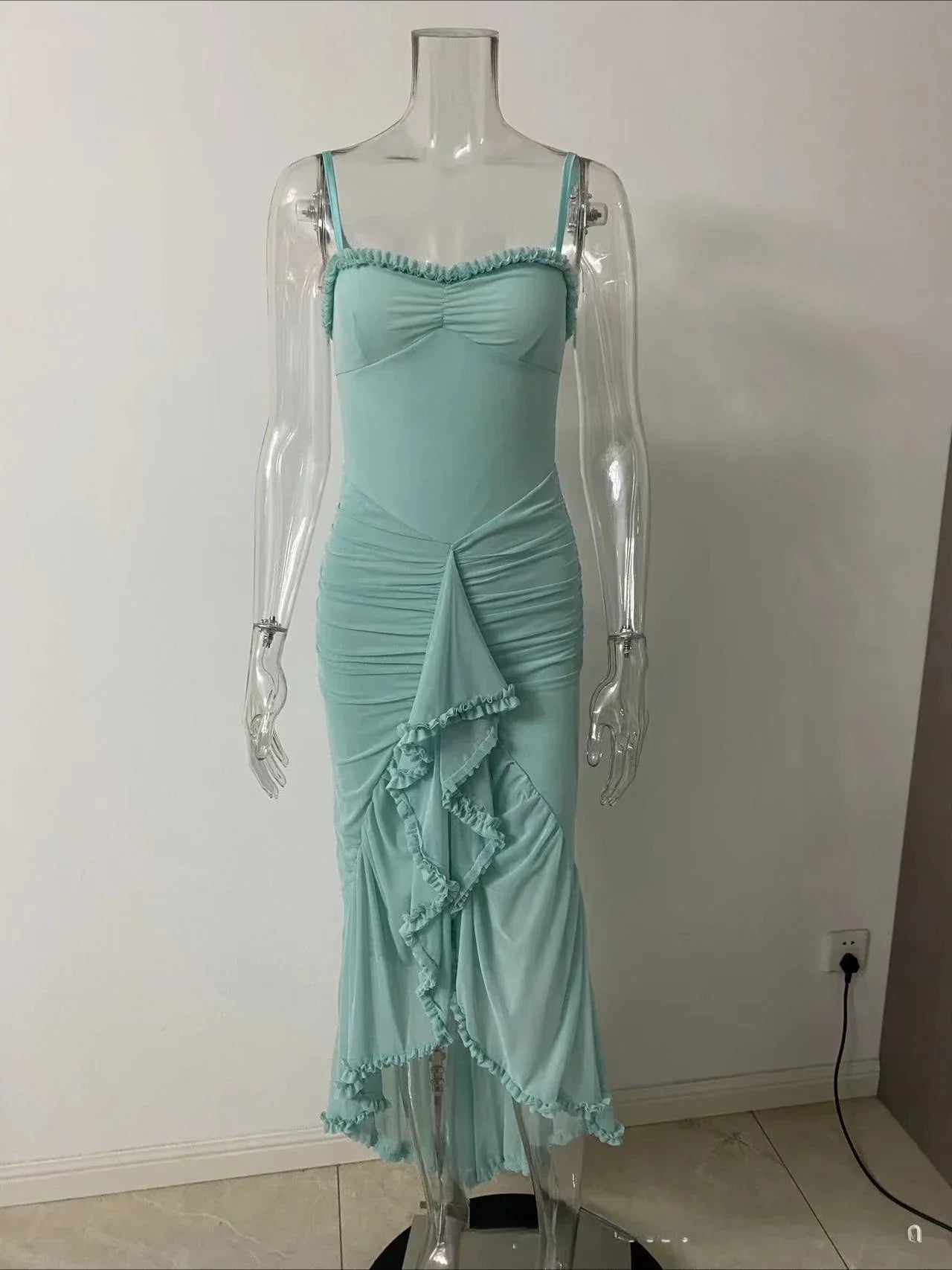 Suninheart Summer Dresses for Women 2024 Spaghetti Strap Pink Mesh Bodycon Party Dresses Midi Elegant Mermaid Dress