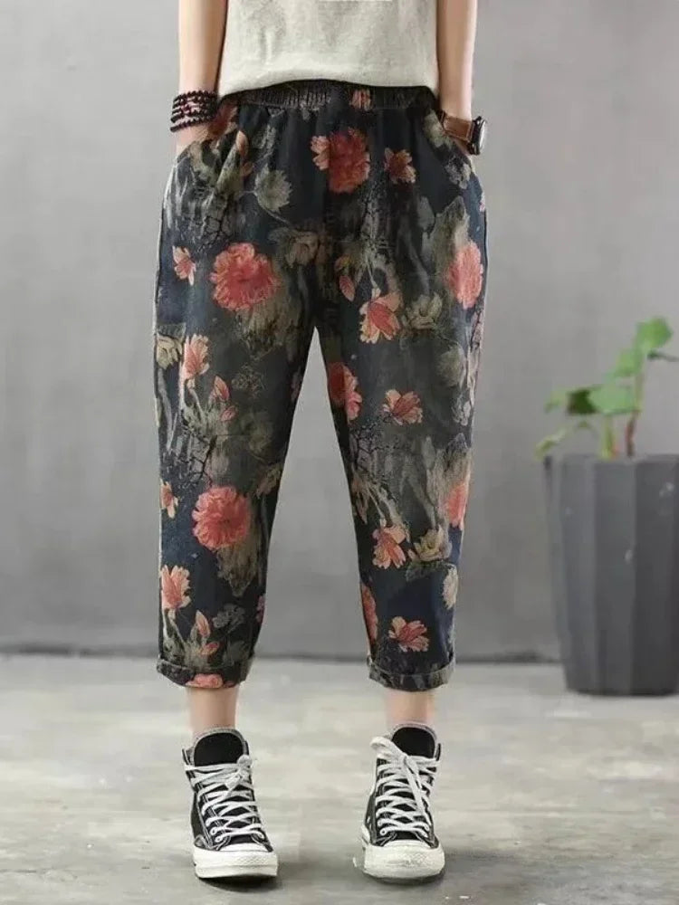Fashion Printed Cotton Linen Harem Pants for Women 2025 Summer Casual High Waist Calf-Length Loose Trousers Female Streetwear