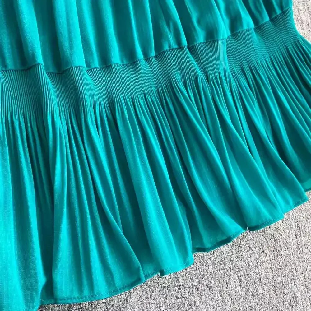 Women's V Neck Ruffles Splice Lantern Sleeve High Stretch Oversized Dresses Miyake Maxi Pleated 2025 Spring Long Party Clothing