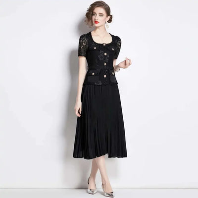 Luxury Evening Dress Women Summer Vacation Short Sleeve Pleated Lace Chiffon Long Dresses White Single Breasted Midi Party Robe