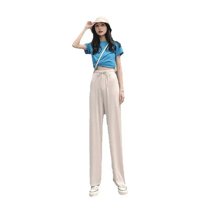 New Women Ankle-Length Wide Leg Pants Casual Summer Solid Elastic Waist Loose Ice Silk Pants Spring Summer Female Trousers