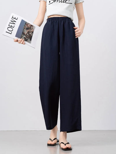 New Wide-leg Pants Women Clothing Summer Thin Loose Straight Casual Pants Solid High Waist Drape Nine-point Literary Pants