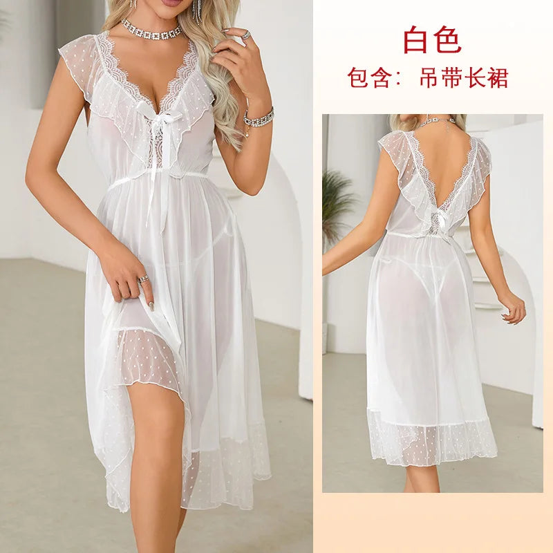Women's Sexy Lingerie Nightgown Semi Sheer Babydoll Sleepwear Dress With Polka Dots Bow Knot Decor Summer Mesh V-Neck Loungewear