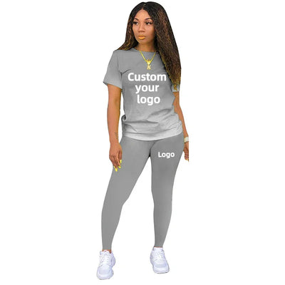 Two Piece Set Women Tracksuits Sets DIY Printed Personality Short Sleeve T shirts + Pants Sports Suit Custom your logo For Women