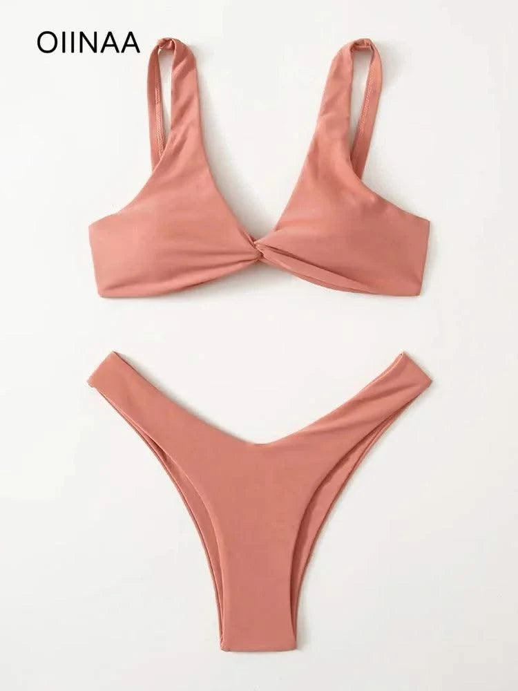 OIINAA Bathing Suit Women Solid Sexy Swimsuit Bow Tie Drawstring Lace Up Summer Bikini Set Two-pieces Beachwear Thong Biquinis