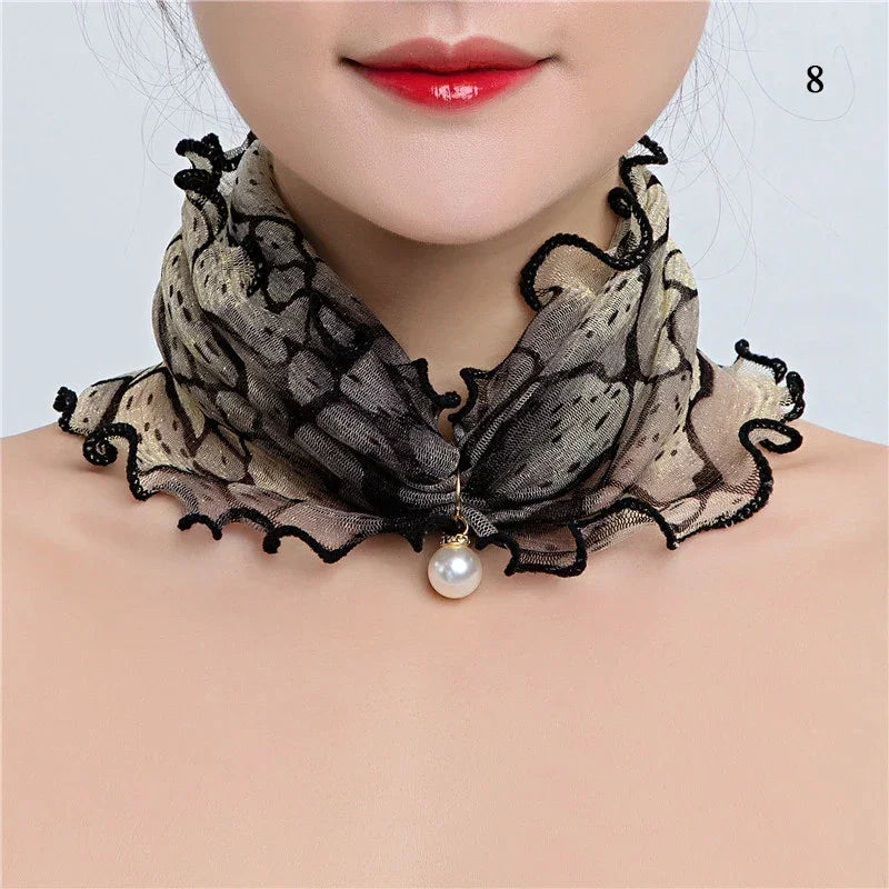 Women Ruffle Lace Scarf Pearl Pendant Chiffon Scarves Shiny Headscarf Thin High Elasticity Neck Wrap Organza Neck Collar Scarf