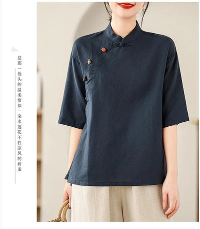 New Women's Retro Cotton Linen Short-sleeved Shirt with Diagonal Placket and Stand-up Collar Tea Top