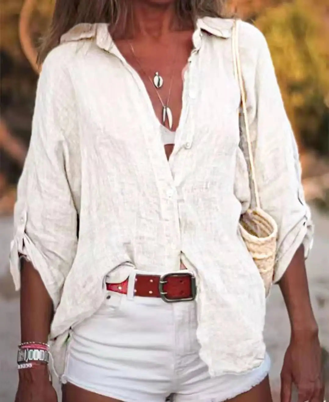 Women Cotton Linen Blouse Shirt Summer Female Turn Down Collar Three Quarter Loose Blouse Tops Woman shirts & blouses