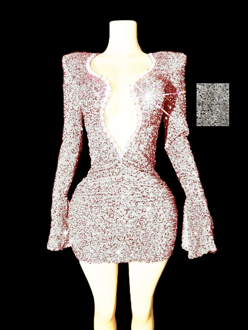 New Women Party Birthday Celebrate Costumes Red Shiny Sequins Evening Party Dress Bar Dj Ds Stage Jazz Dance Outfits ﻿Dress