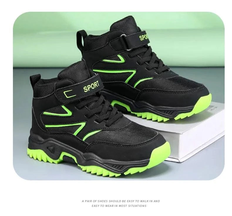 New Boys' Sports Shoes Non-slip School Children's Leather Breathable Running Black Fashion Hiking Shoes Sneaker Size 29-40