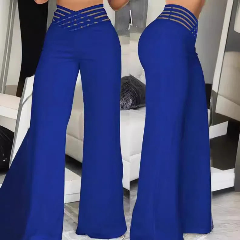 Women Wide Leg Flared Pants Autumn Casual Crisscross Sheer Mesh Patch High Waist Trousers Y2k Streetwear Elegant Work Pant