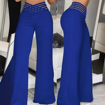 Women Wide Leg Flared Pants Autumn Casual Crisscross Sheer Mesh Patch High Waist Trousers Y2k Streetwear Elegant Work Pant