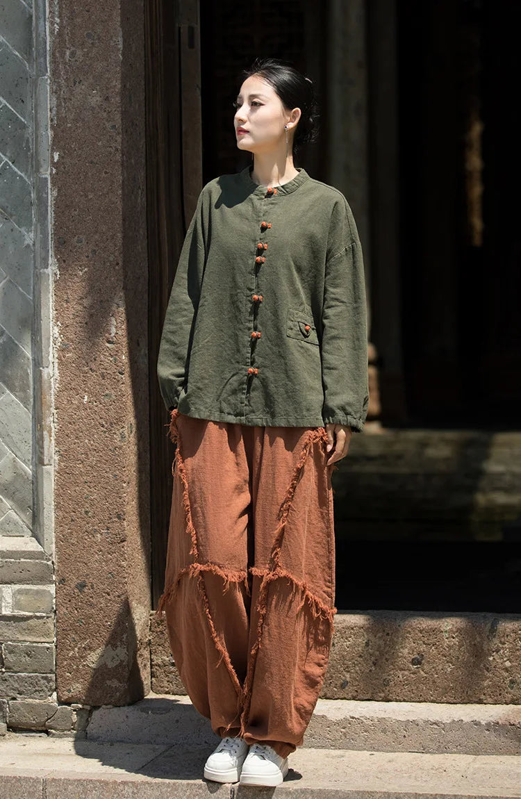 Cotton Linen Women's Literary Vintage Ramie Tops Shirt Women's Patchwork Colour Plate Button Lapel Cardigan Jacket Chinese Style