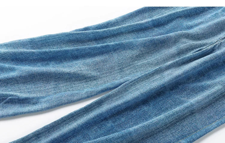 Women Pants 100% Mulberry Silk 16 momme Blue Jeans Printed Pocket Wide Leg Long Trousers Elastic Waist Office Lady M L XL MM858