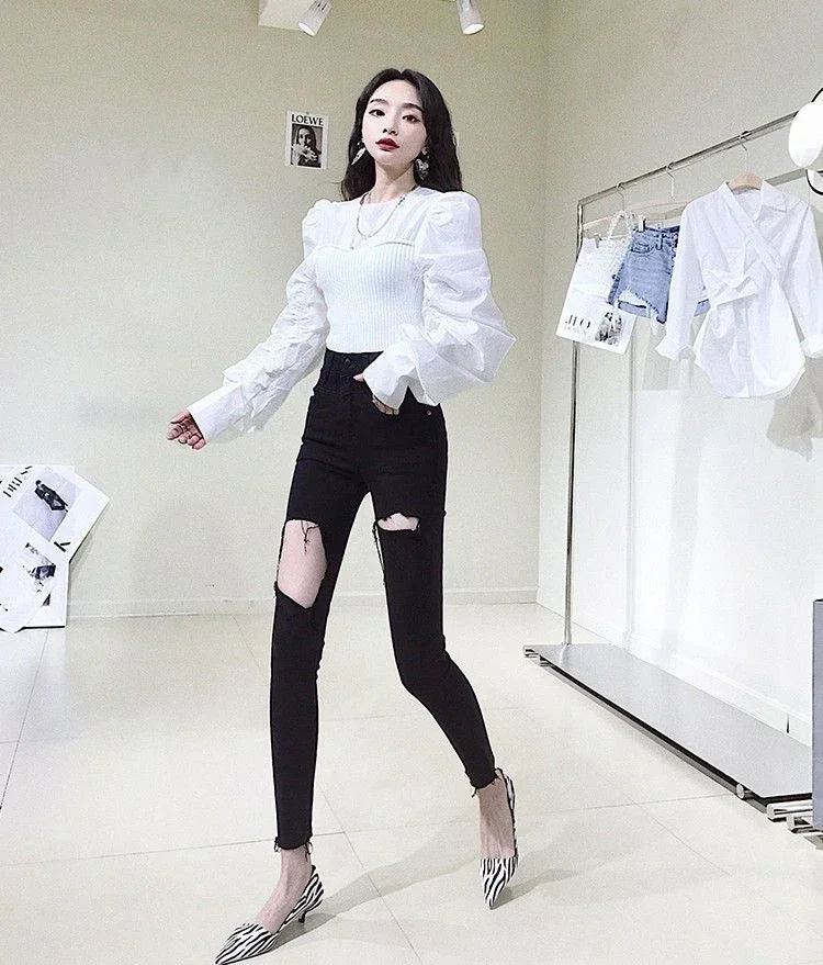Skinny Pencil Slim Fit Women's Ripped Jeans 90s South Korea Cheap Summer Cowboy Pants for Woman Korean Fashion Xxl Torn Trousers