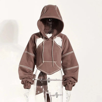 Women Hooded Sweatshirt Color Clashing Bright Line Short Top Ladies Fashion Layering Hoodie Long Sleeved tops New