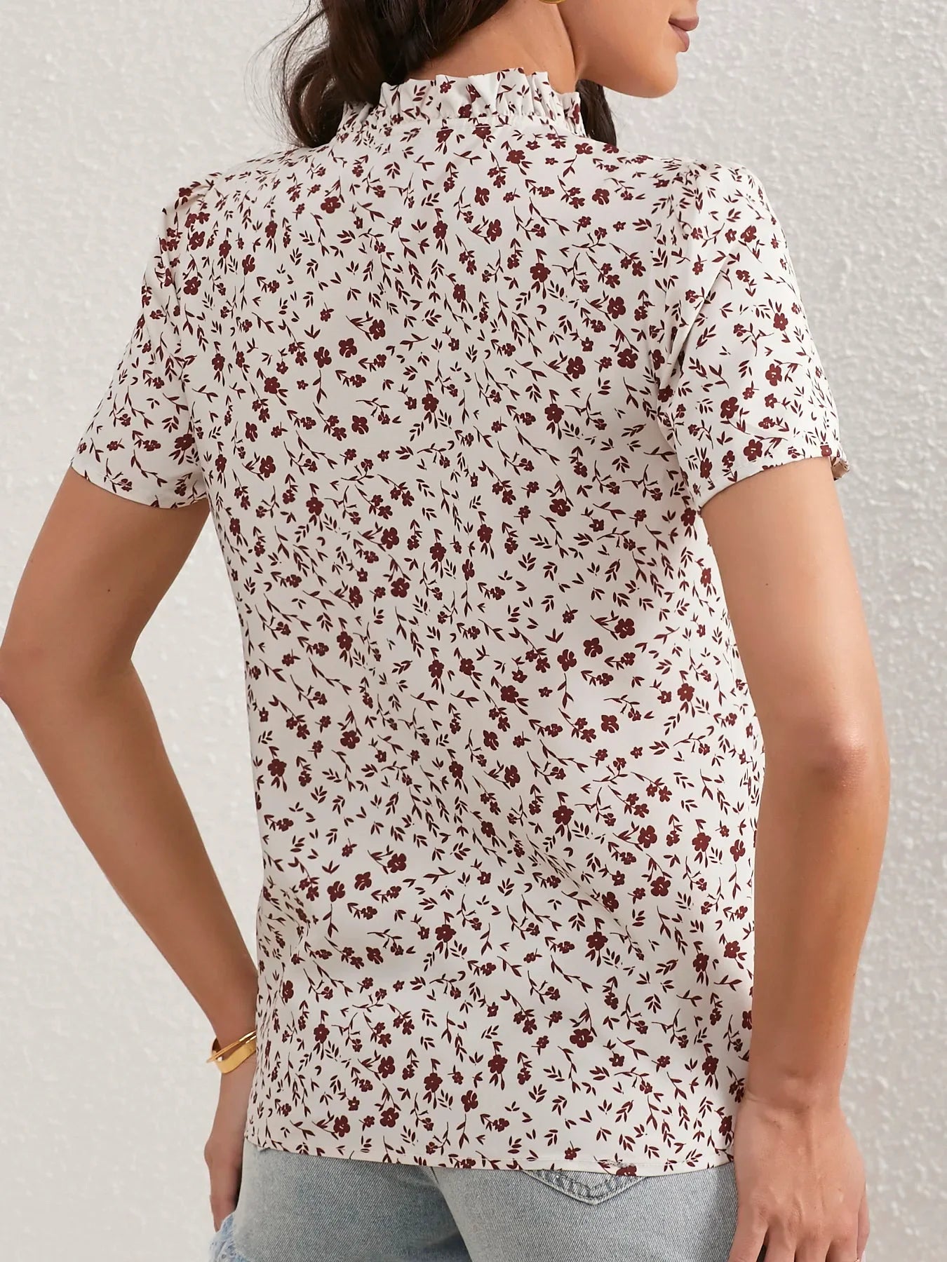 Ladies Ditsy Floral Frill Trim Notch Neck Puff Sleeve Blouse Women Tops Shirts