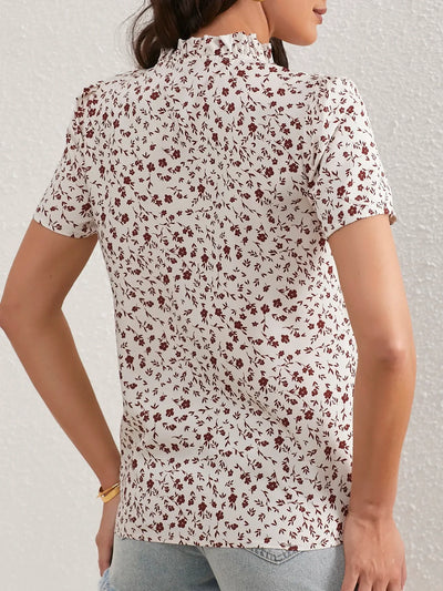 Ladies Ditsy Floral Frill Trim Notch Neck Puff Sleeve Blouse Women Tops Shirts
