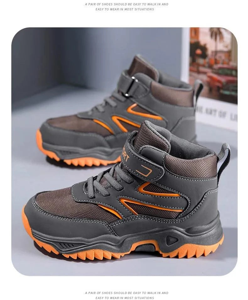 New Boys' Sports Shoes Non-slip School Children's Leather Breathable Running Black Fashion Hiking Shoes Sneaker Size 29-40