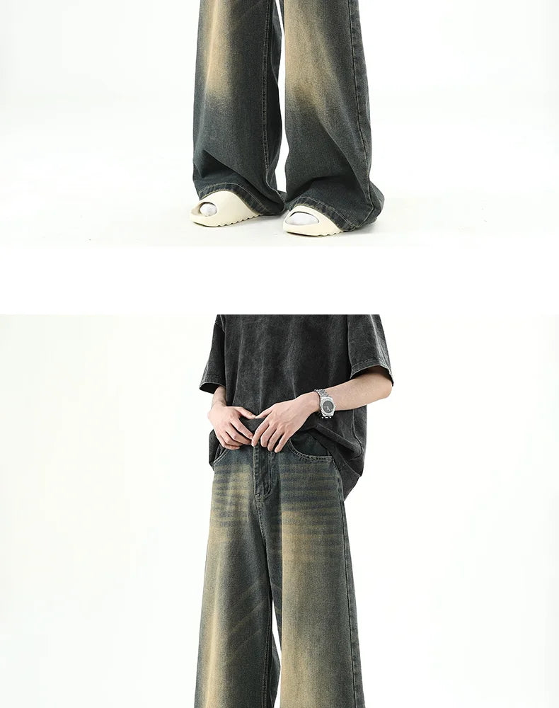 Men Denim Pants Old Blue Washed Male Jeans Straight Casual Menwear Loose Wide Leg Trousers New Fashion Korean High Street Denim